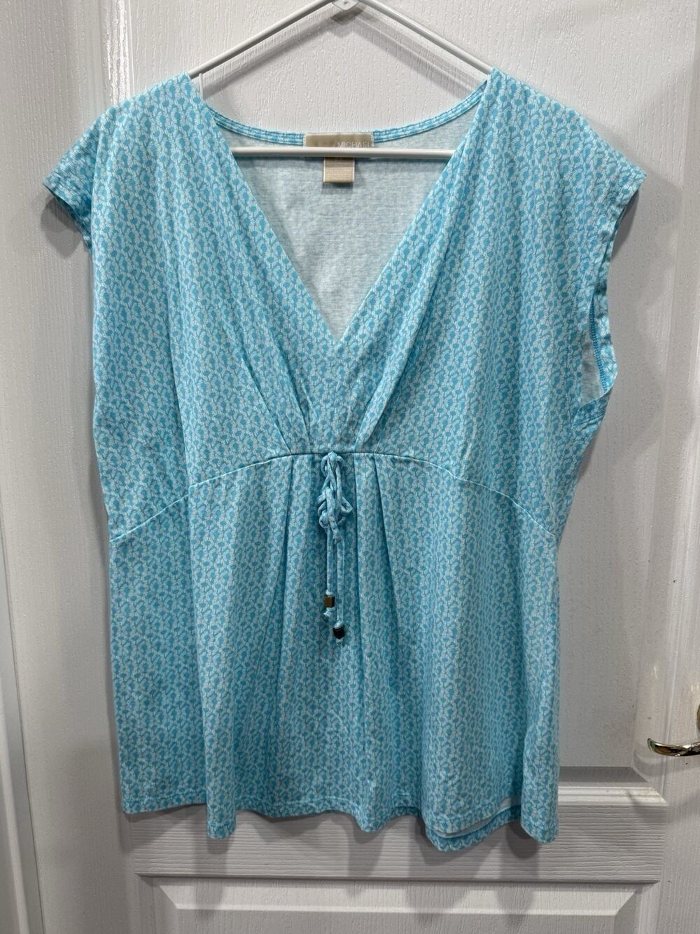 Michael Kors Women’s 2X Blue Tie Front Blouse Cap Dolman Sleeve V-Neck Top